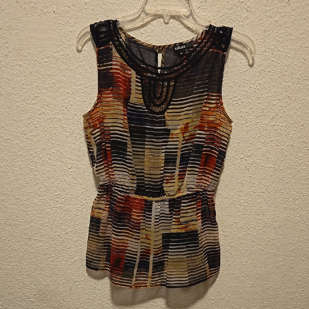 B10 Chic Black, Red, and Brown Women's Top by Takara Sz Med